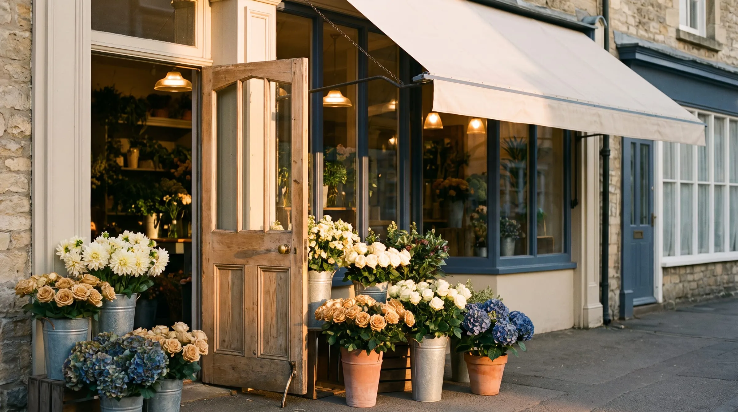 A shop with its door open and its lamps lit.