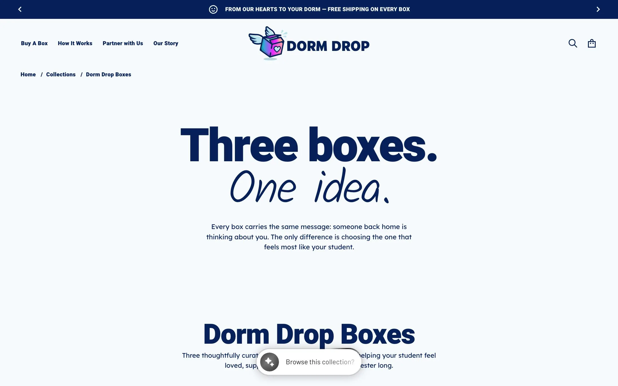 Dorm Drop website: The boxes