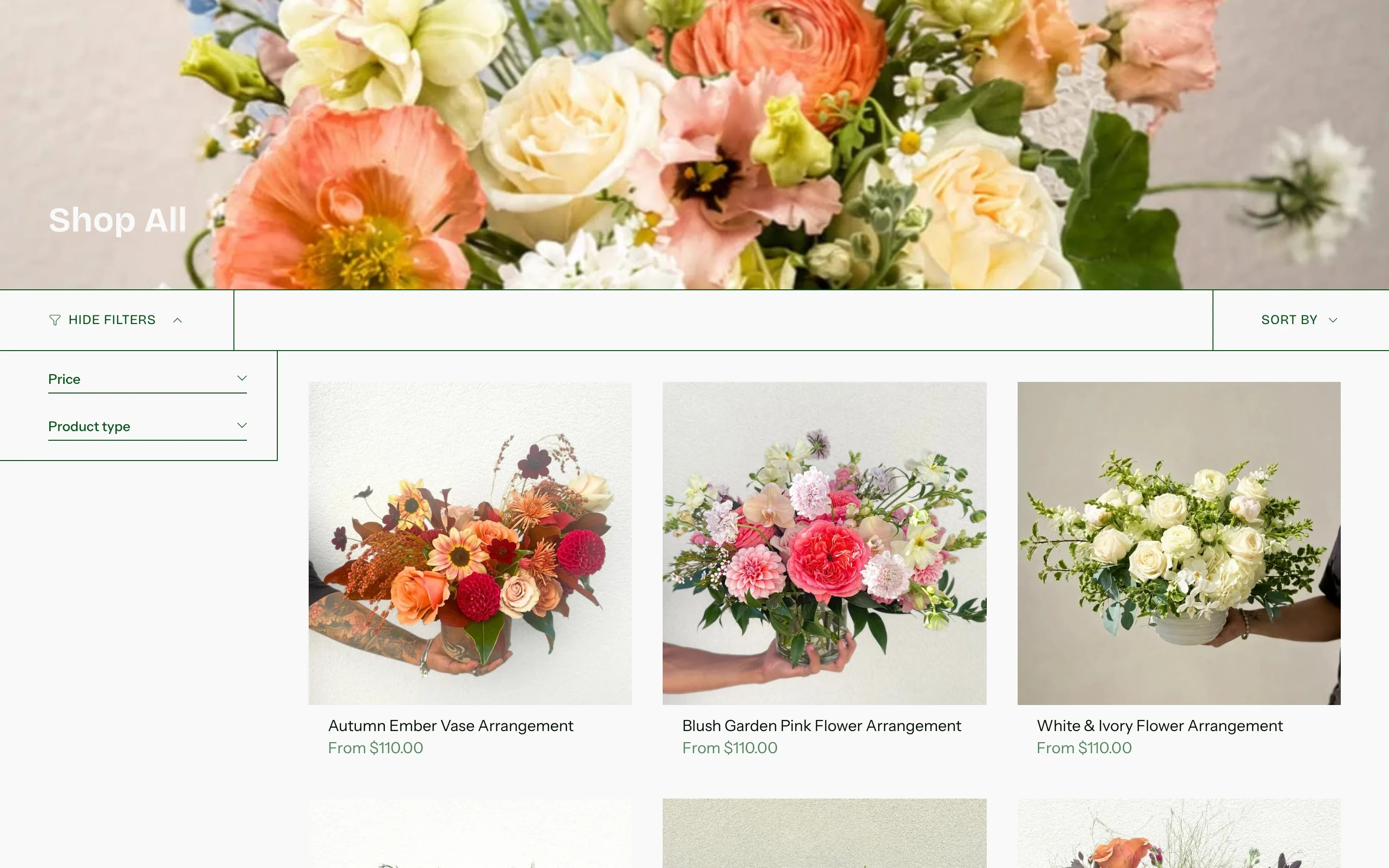 The Flower Bar website: Arrangements