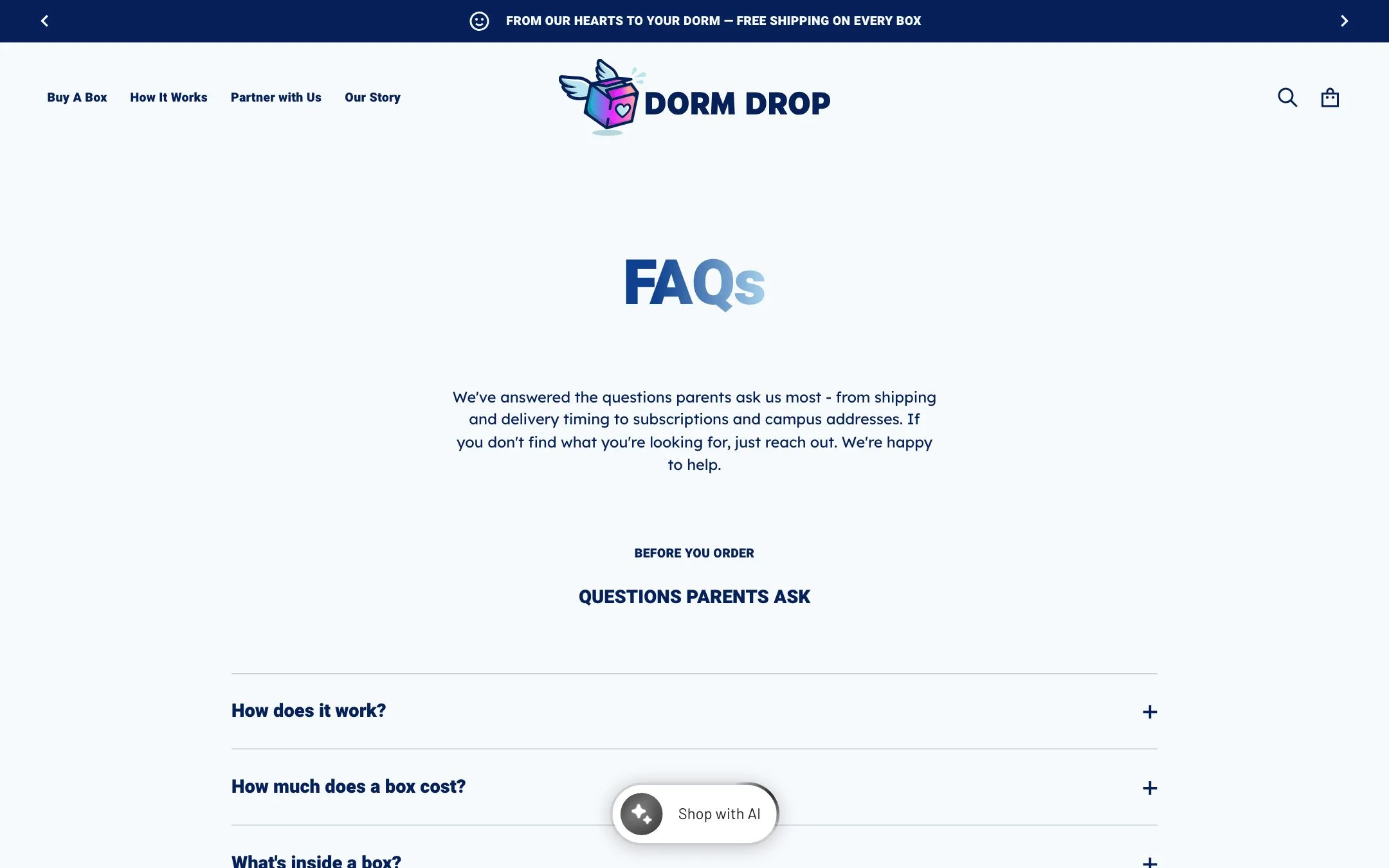 Dorm Drop website: Questions parents ask