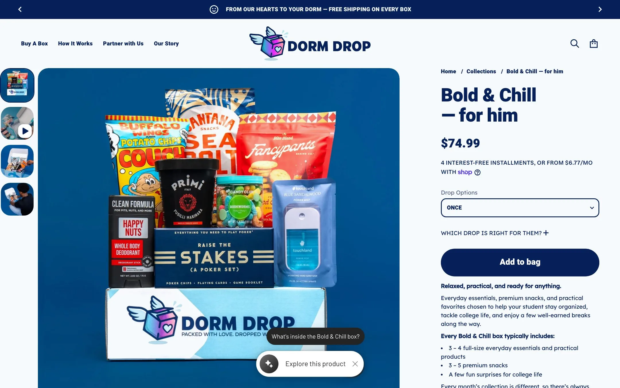 Dorm Drop website: Bold and Chill