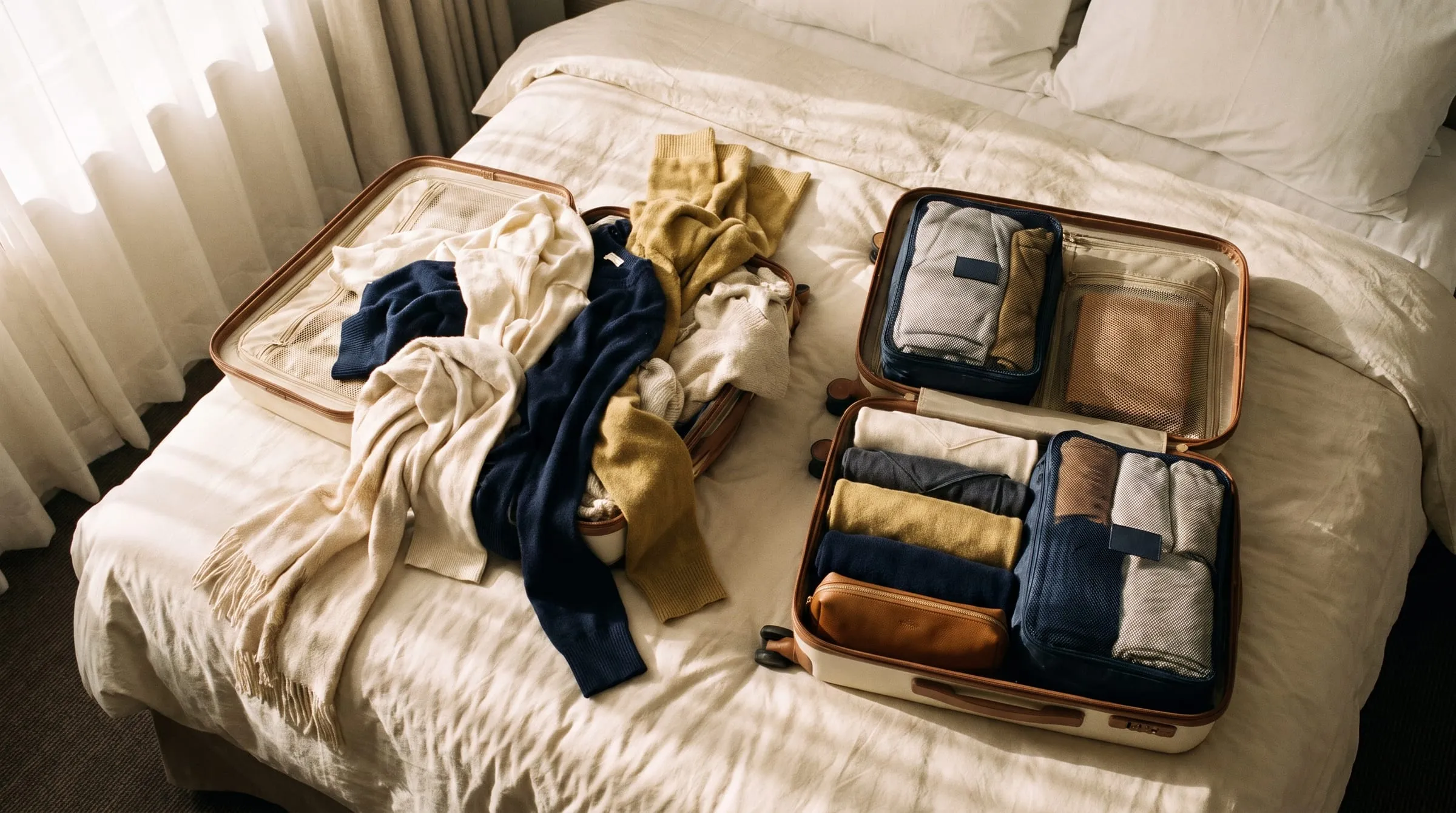 Two suitcases open on a bed, one neatly packed.
